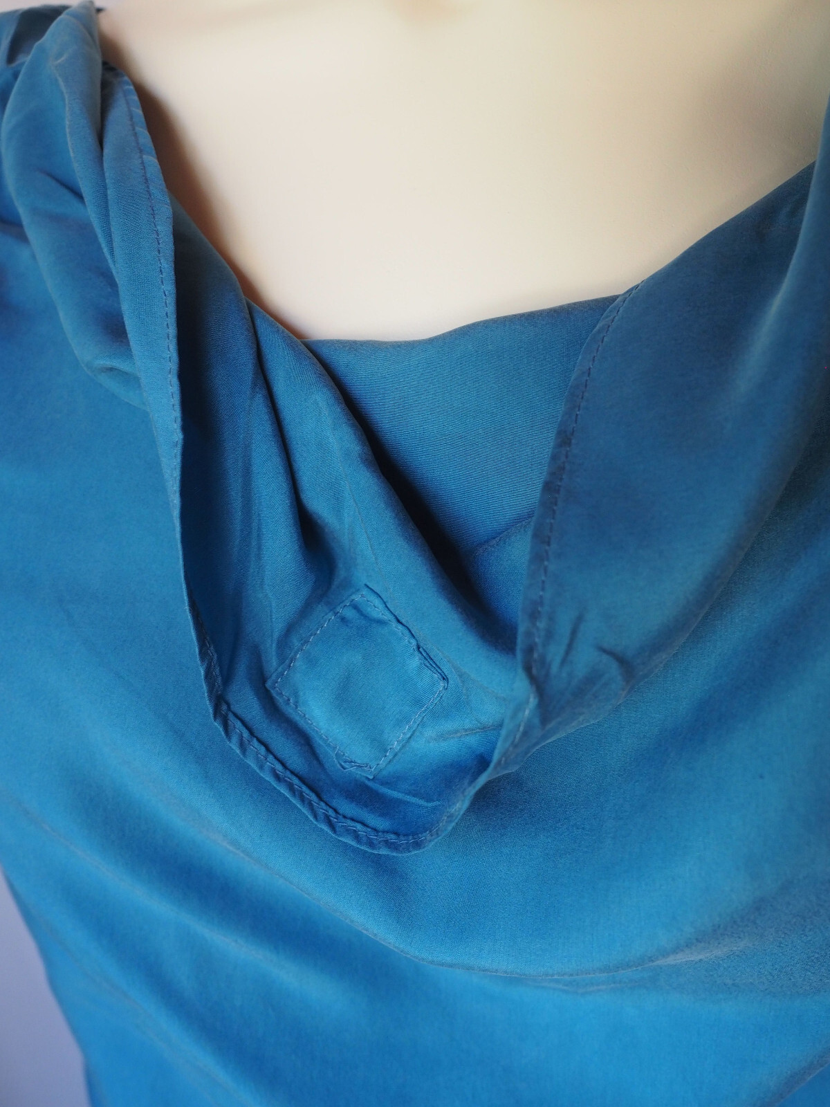 Vintage Vollbracht Luxe Silk Drawstring Mini Dress Draped Neck 3/4 Sleeve Blue S