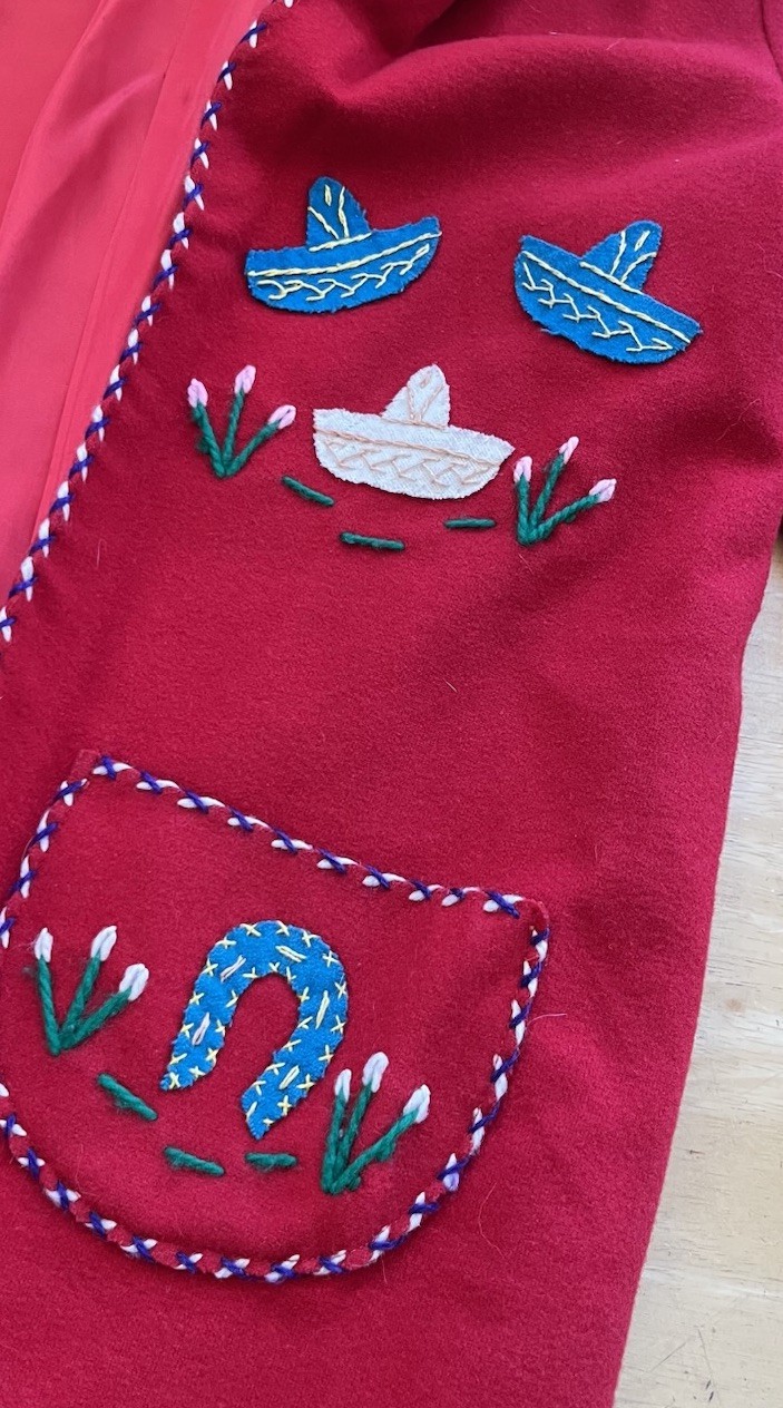 Vtg LOPEZ 1940s Mexican Wool Embroidered Tourist Jacket Bright Red-Sz XS EUC!