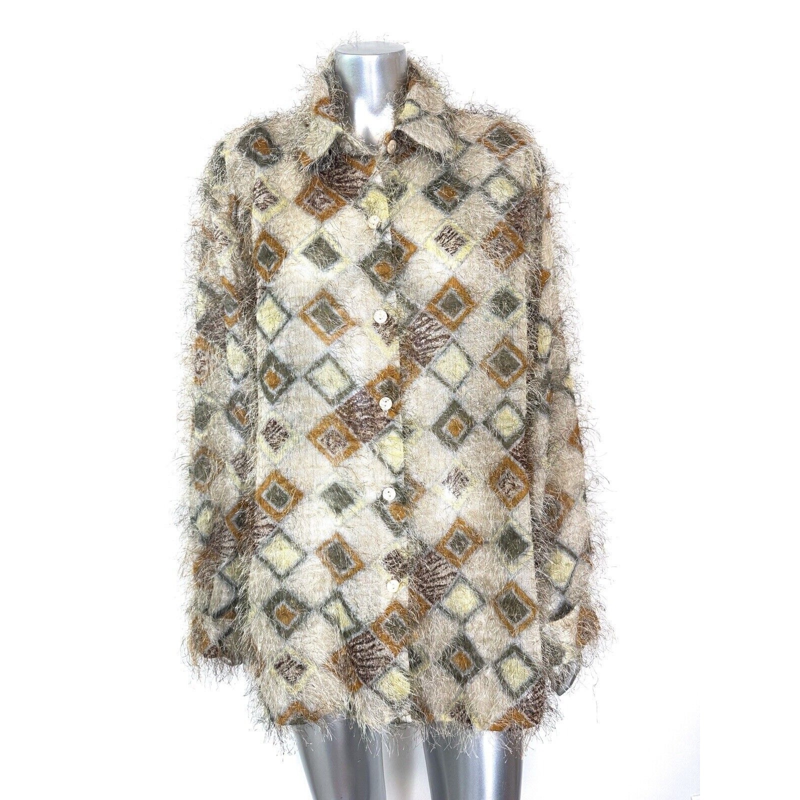 Vintage Art Deco Top Women&rsquo;s XL Retro Fuzzy Eyelash Detail Shirt Geometric