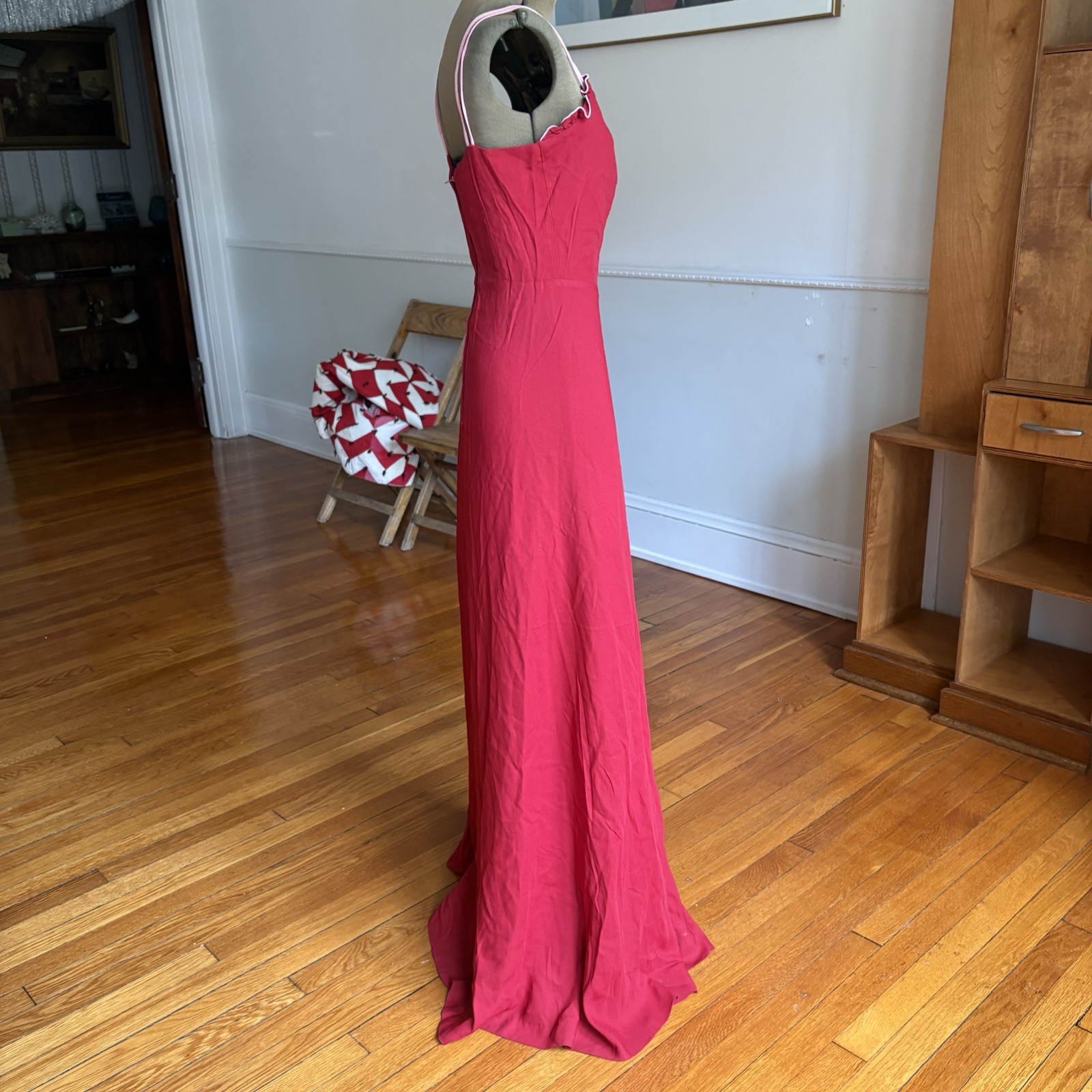 Vintage 1970s Foxy Lady Red Maxi Dress Women’s Ruffled Gown Acetate Nylon Blend