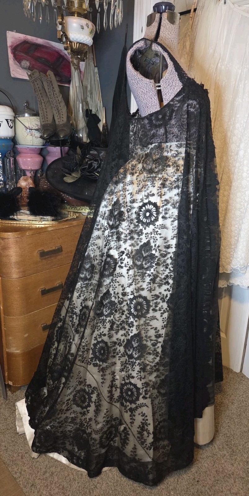 Exquisite Handmade Victorian Chantilly Nightgown/Negligee w/ Crochet Yoke