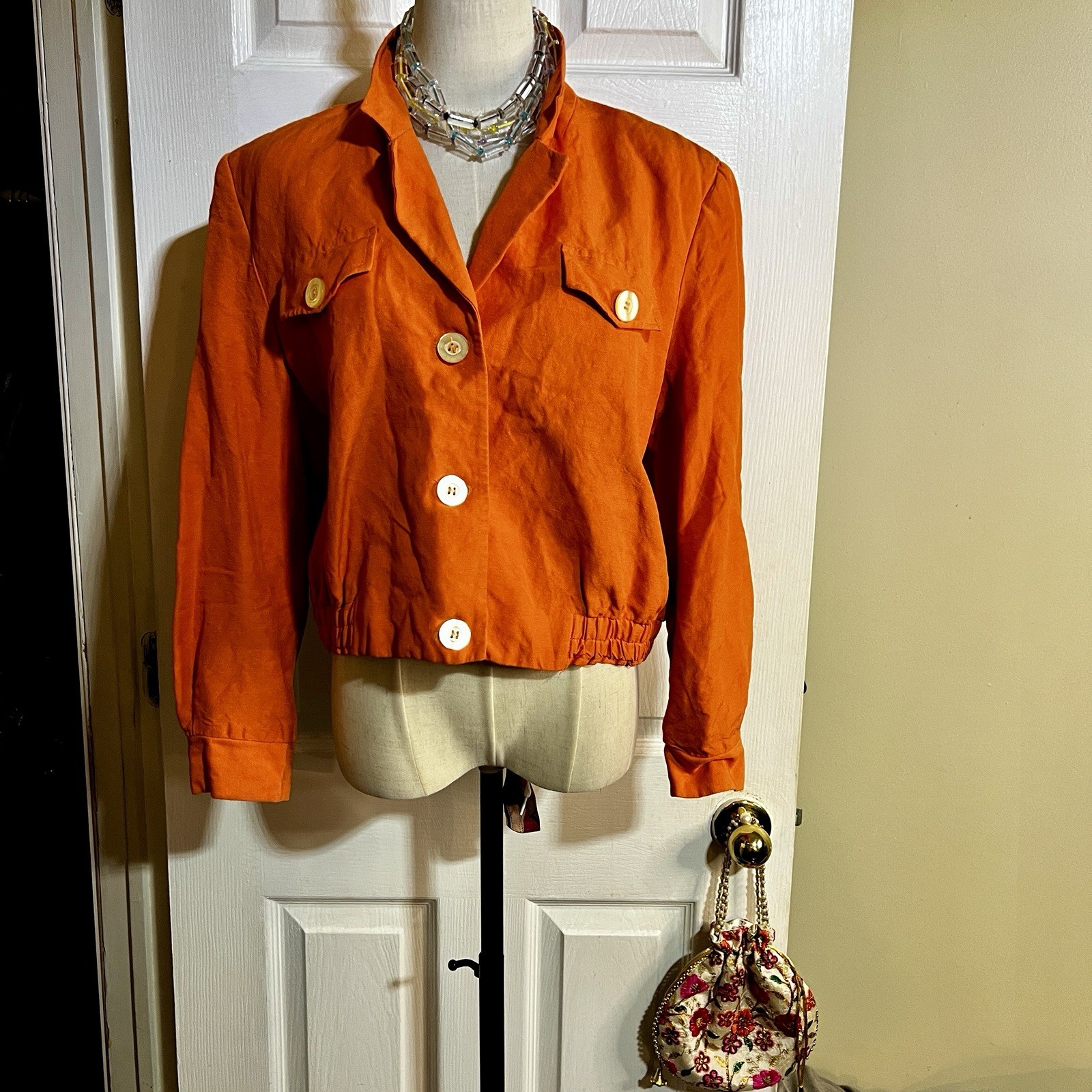 Giorgio Sant’ Angelo Vtg 90s Orange Linen Blend Crop Light Chic Bomber Jacket 14