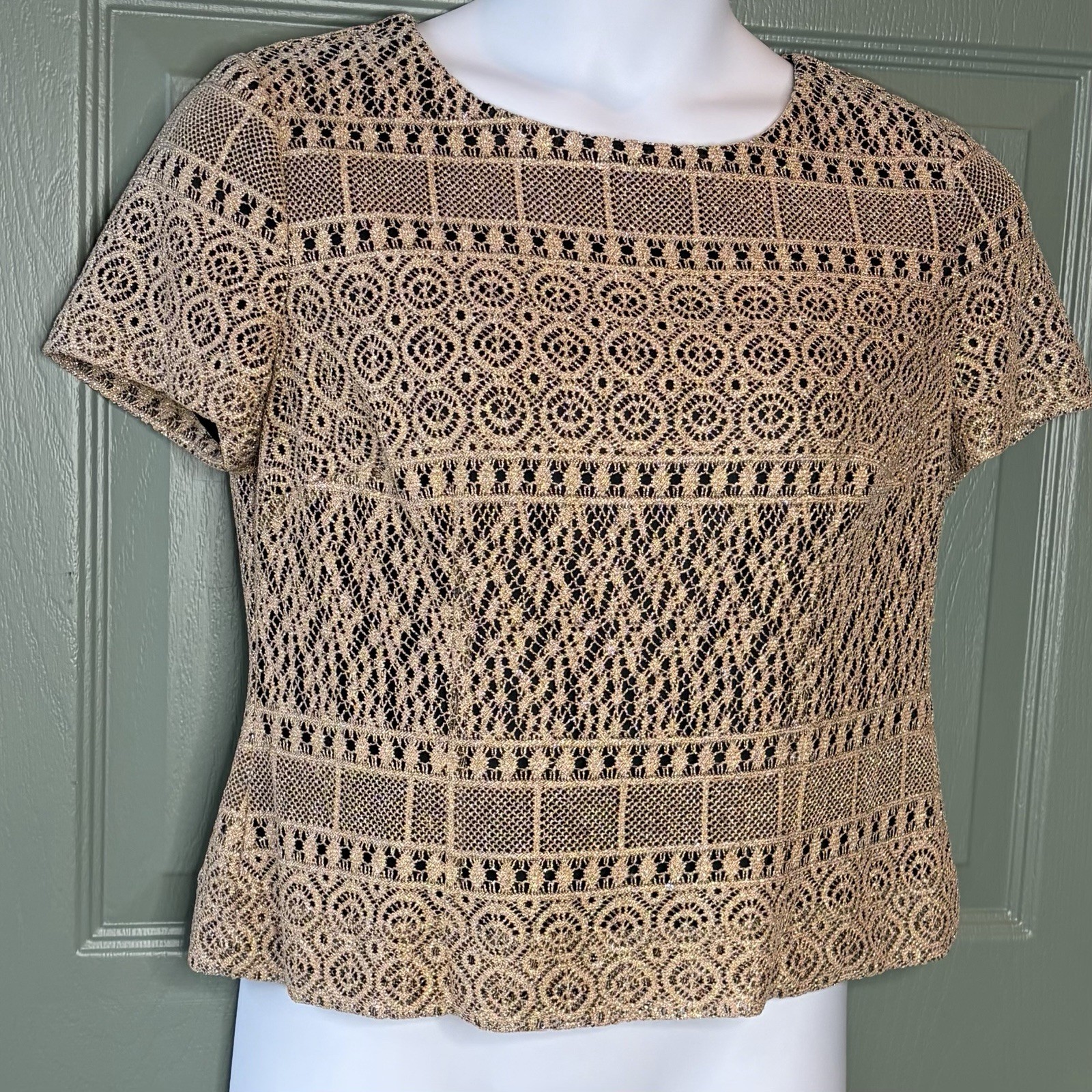 Vtg Halmode Petites Top Open Crochet Metallic Gold Lace Button Back Dressy 12