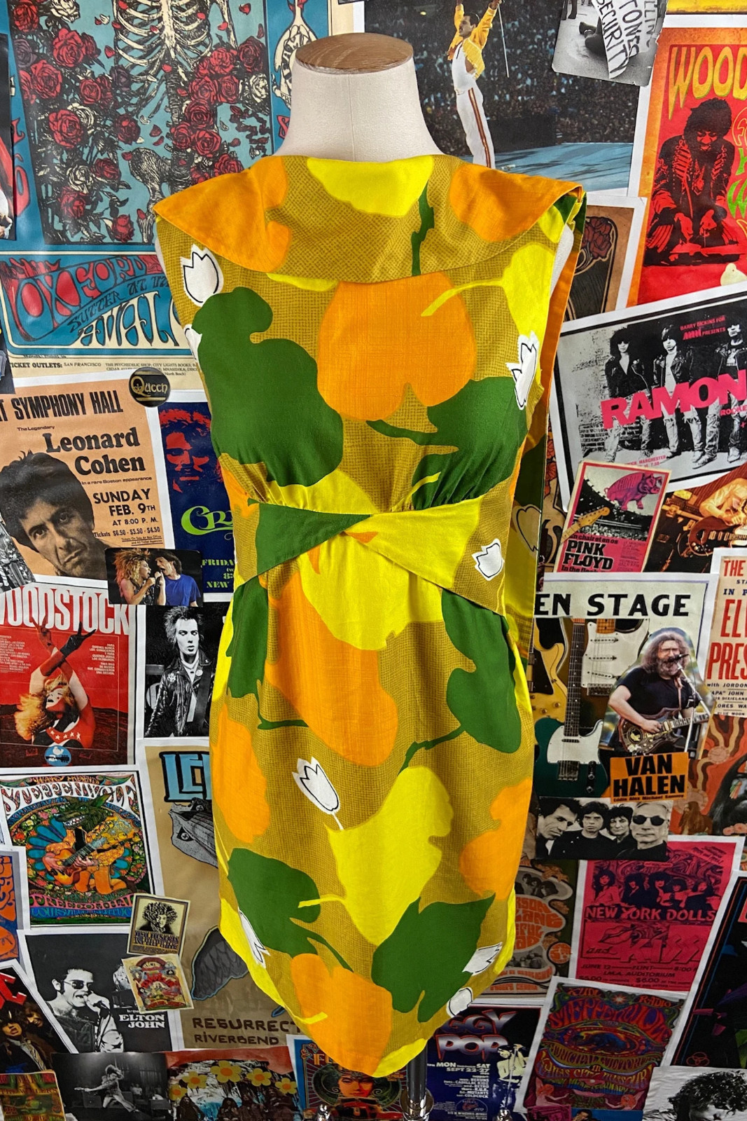 Vintage 60s Yellow Tropical Tiki Paradise Hawaii Cowl Neck Drape Sheath Dress XS