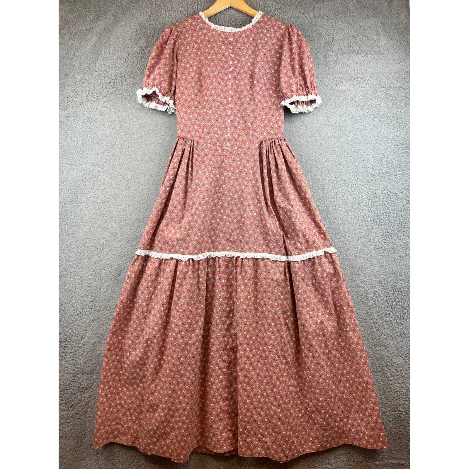 Vintage Prairie Maxi Dress Pink Floral Strawberry Calico Lace Puff Sleeve Small