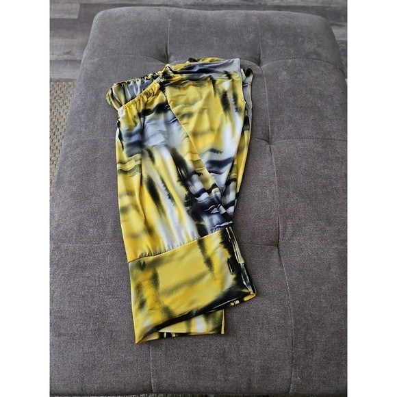 Vintage Y2K Abstract Print Blouse Medium Yellow & Grey Retro Dolman Sleeve