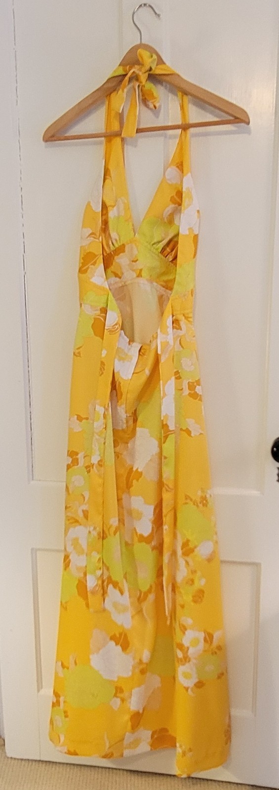 70s Vintage Sunny Yellow Summer Halter Dress With Open Back Ties & Zipper