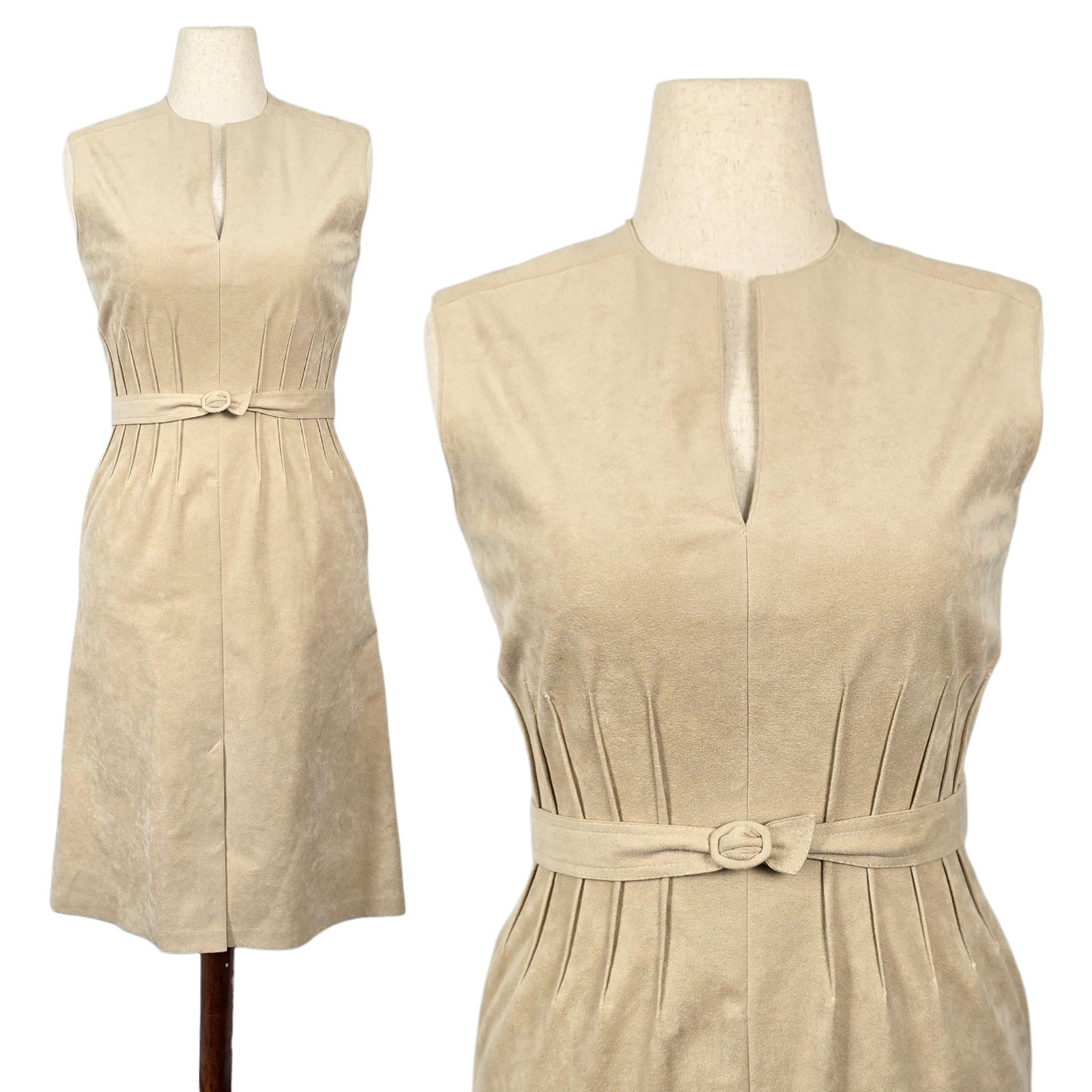 1970s Vintage Dress 70s Ultra Suede Belt Set Small Medium Beige Tan Sleeveless