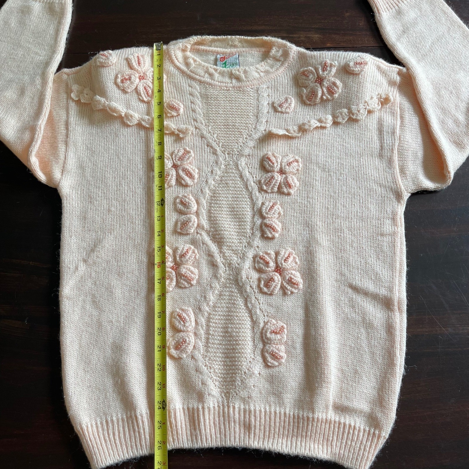 Fashion Ferza Vintage Peach Floral Beaded 3D Applique Knit Sweater Grannycore