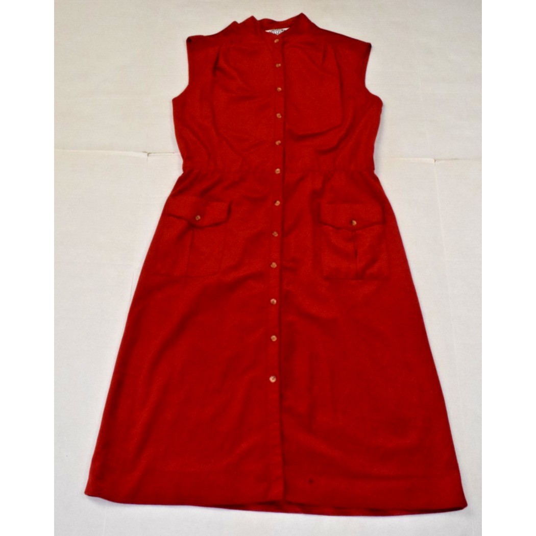 Vintage House Dress Sunshine Alley Size S 70 Red Polyester Full Button Made USA