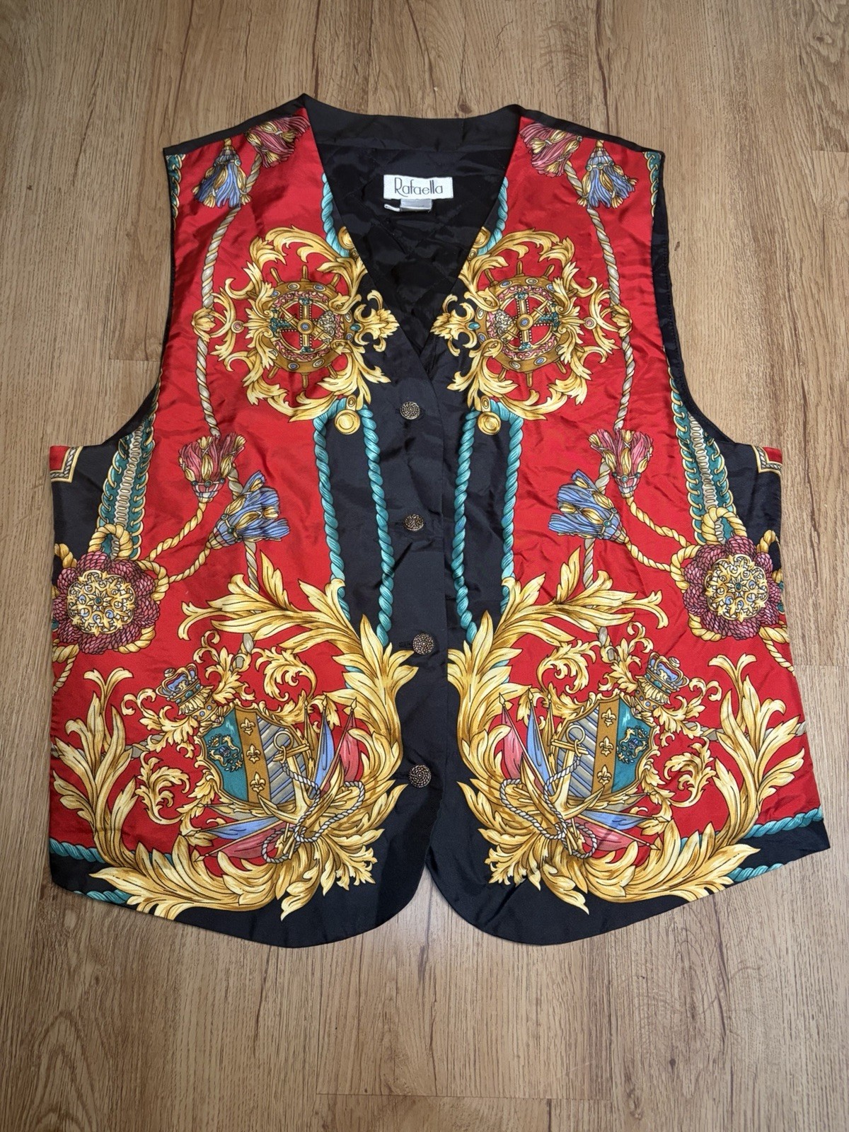 VTG Rafaella 100% Silk Vest Women&rsquo;s Large Gold Buttons Baroque Regal Quilted