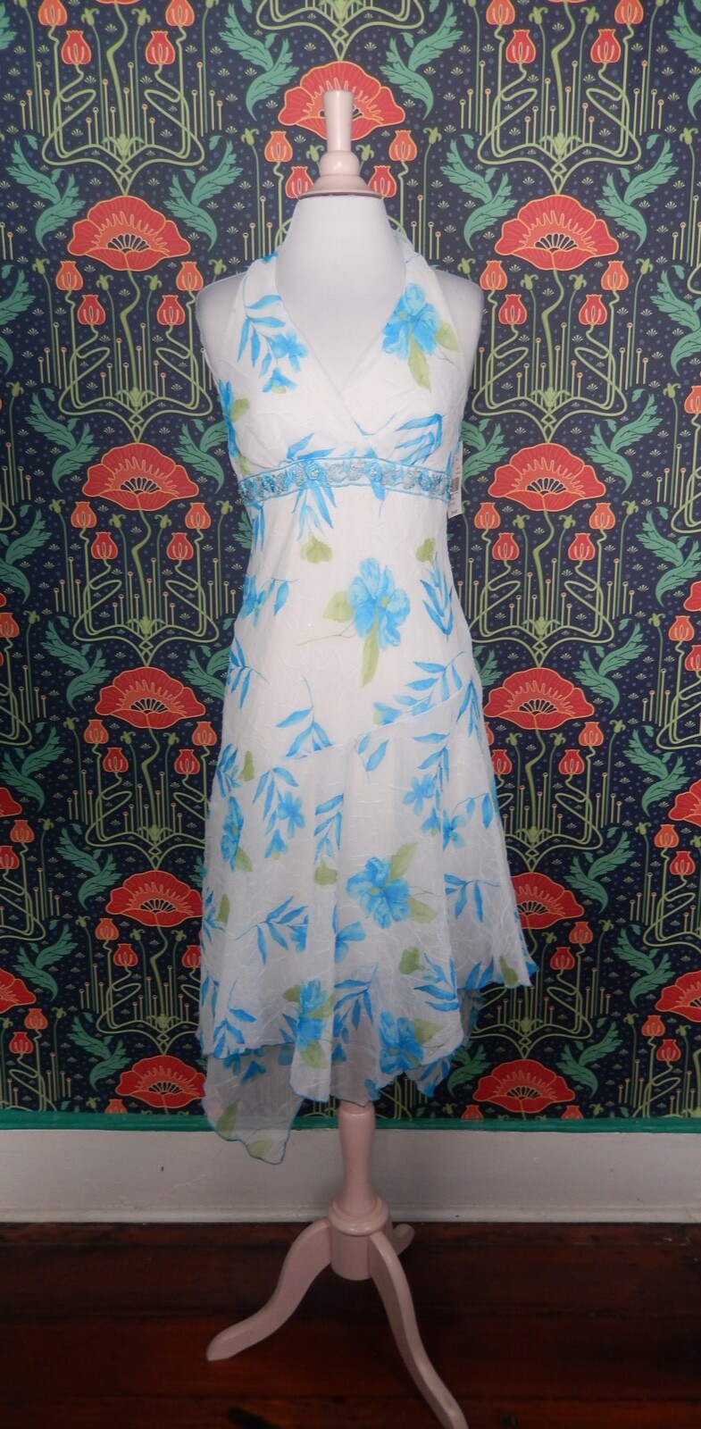 Vintage 90&rsquo;s Y2K White Blue Asymmetrical Hem Floral Fairycore Halter Dress