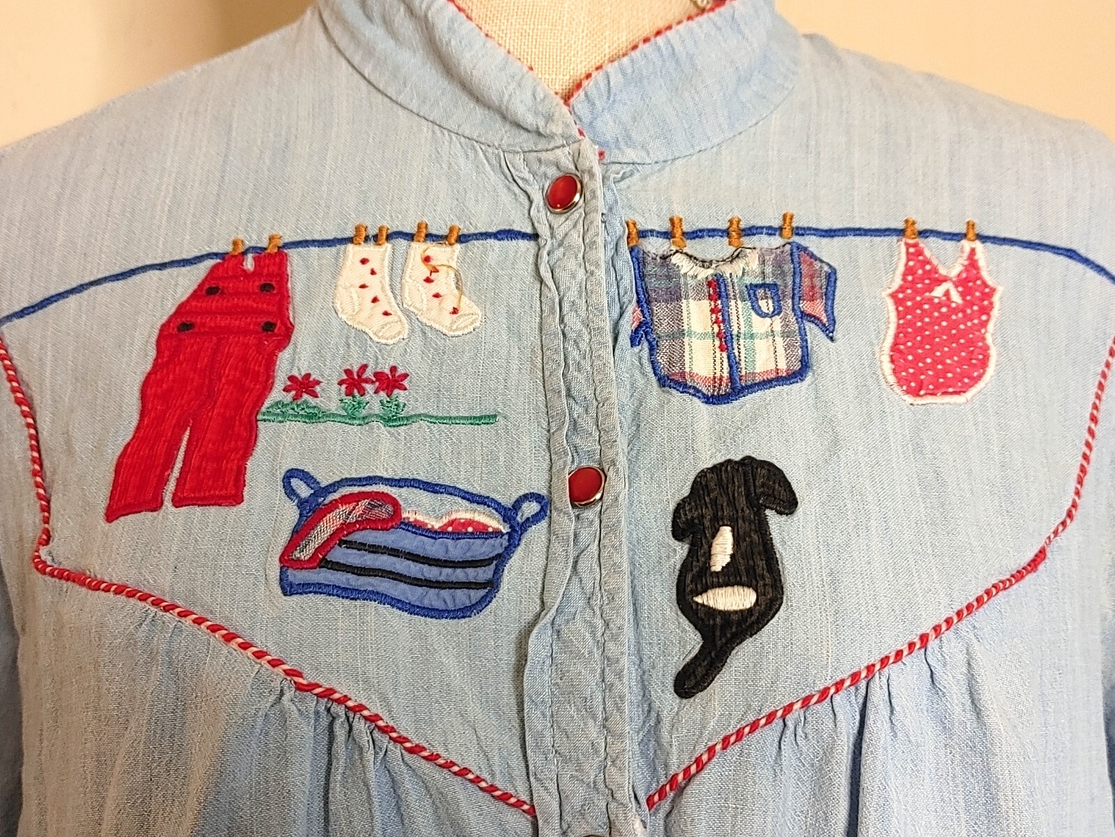 Vintage Smart Time Chambray Denim House Dress Womens sz S/M Snaps Grannycore