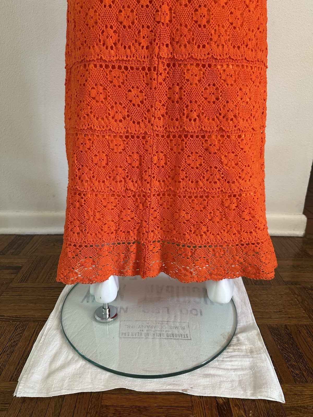1970s Mexican Crochet Lace Maxi Dress Orange Cotton Boho Huipil XS S Vintage