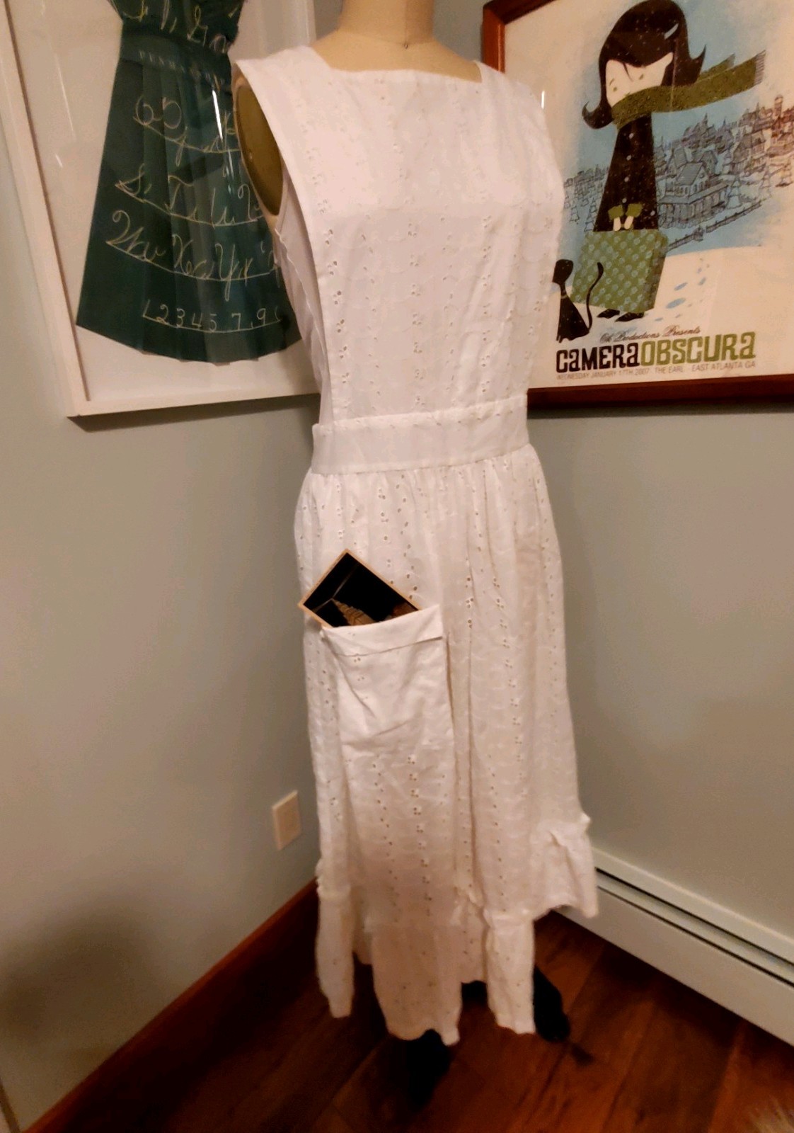 Vintage Home-made White Cotton Eyelet Pinafore Dress/Ankle Length Apron