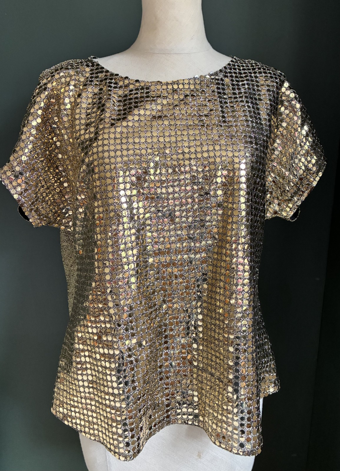 Vintage 1970s Disco Era Joanna Size Large Gold Sequin Cap Sleeve Top Shirt