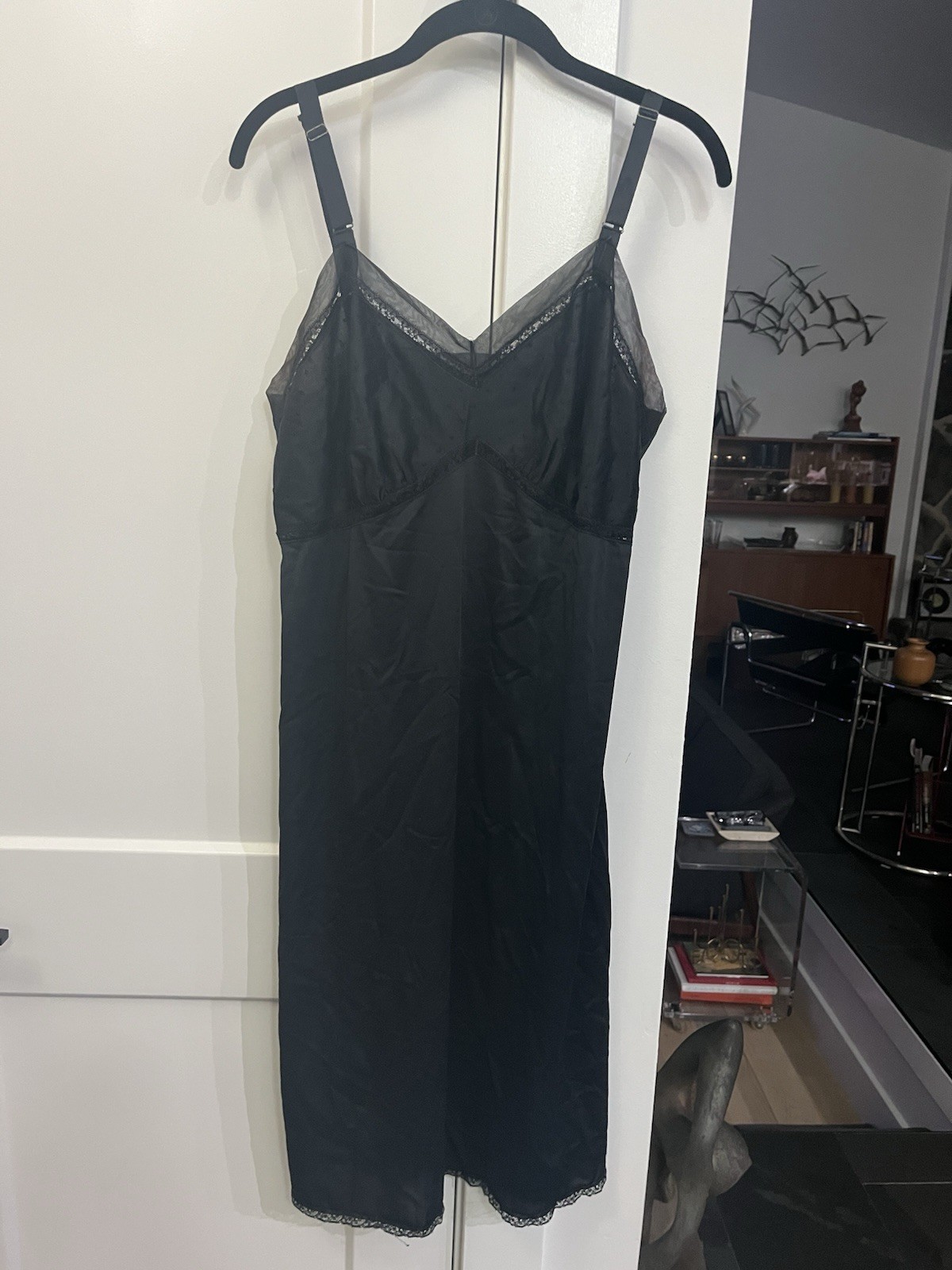 Vintage 1950s Mojud FullSlip Sz 40 Black Chiffon Lace Whimsygoth Feminine Pin Up