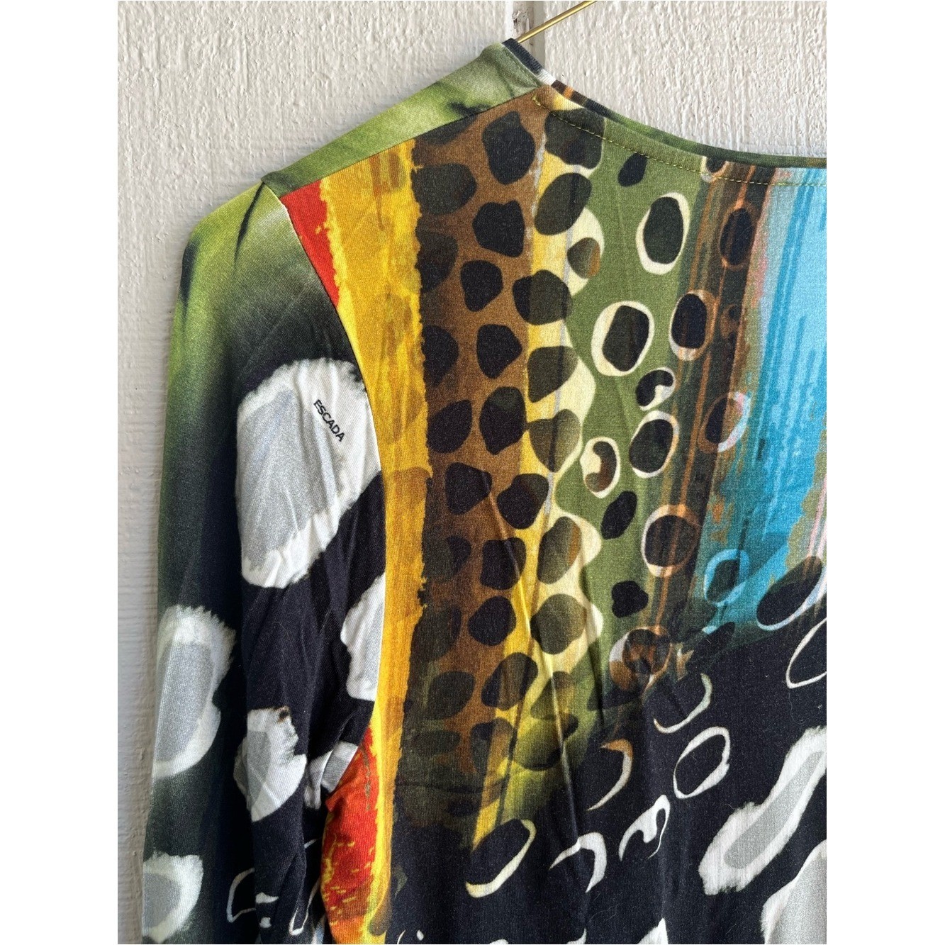 Escada Vintage Abstract Print 3/4 Sleeve Stretch Jersey Top