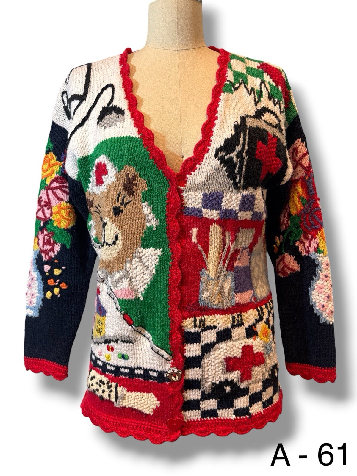 Vintage 1995 Eagle’s Eye Hand Knitted Hospital Nurse Teddy Care Sweater Sz S