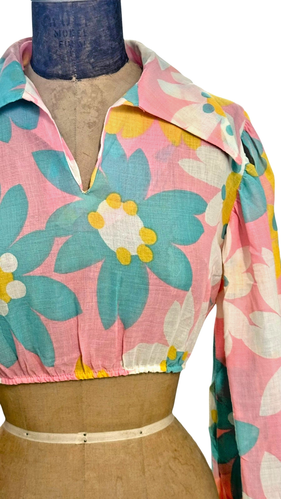 Vintage 70s Dagger Collar Flower Power Crop Top Puffy Sleeves Small