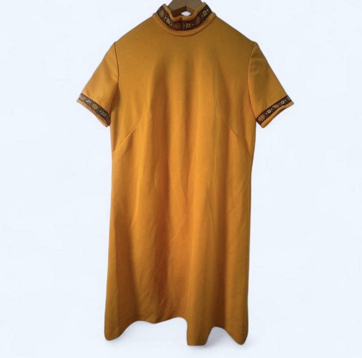 SMALL 1960s-70s Homemade Gold Mustard Short Sleeve Dress with Embroidered Trim
