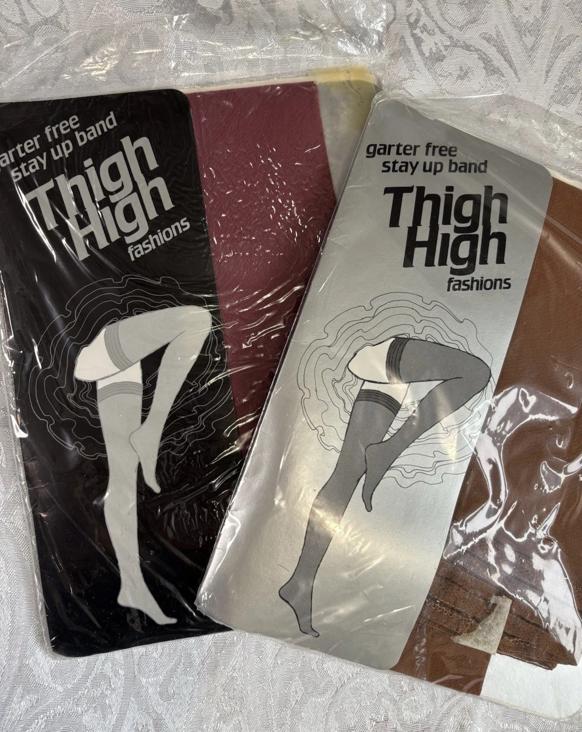 Vtg Arrowood Mills Thigh High Nylon Stockings Lot of 2: Wine, Tan USA Sz Average