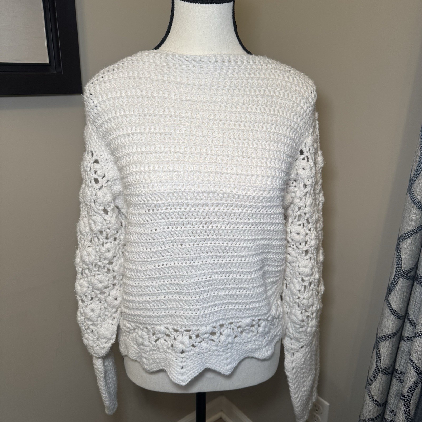 Hand Crocheted White Lace Puff Stitch Sweater Boho Artisan Vintage