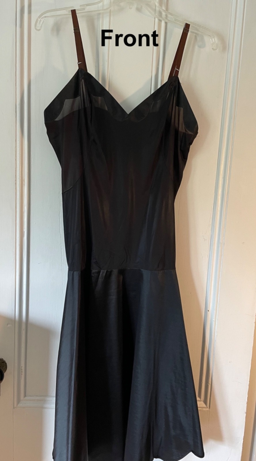 1930s SLIP DRESS Black Satin Bias Cut Bound Scalloped Hemline Boudoir Lingerie