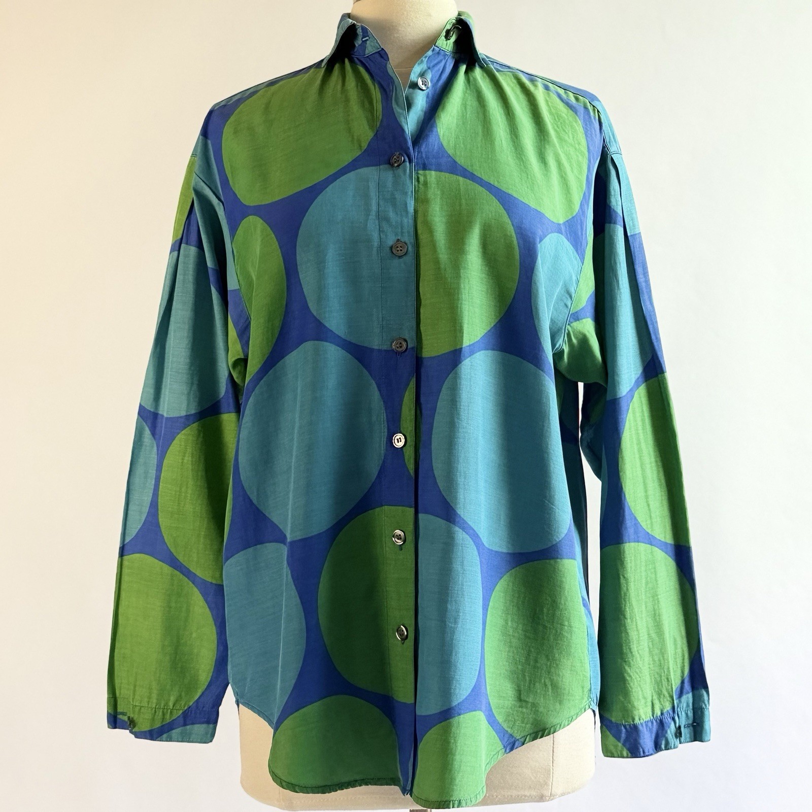 90s Perry Ellis America Silk & Cotton Dot Shirt Oversized S Blue/Aqua/Green