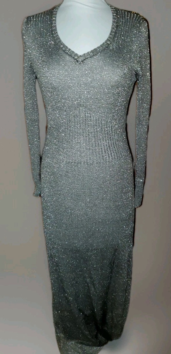 Vint 70&rsquo;s Studio 54 SILVERY METALLIC LUREX Knit V NECK Maxi Dress M HONG KONG