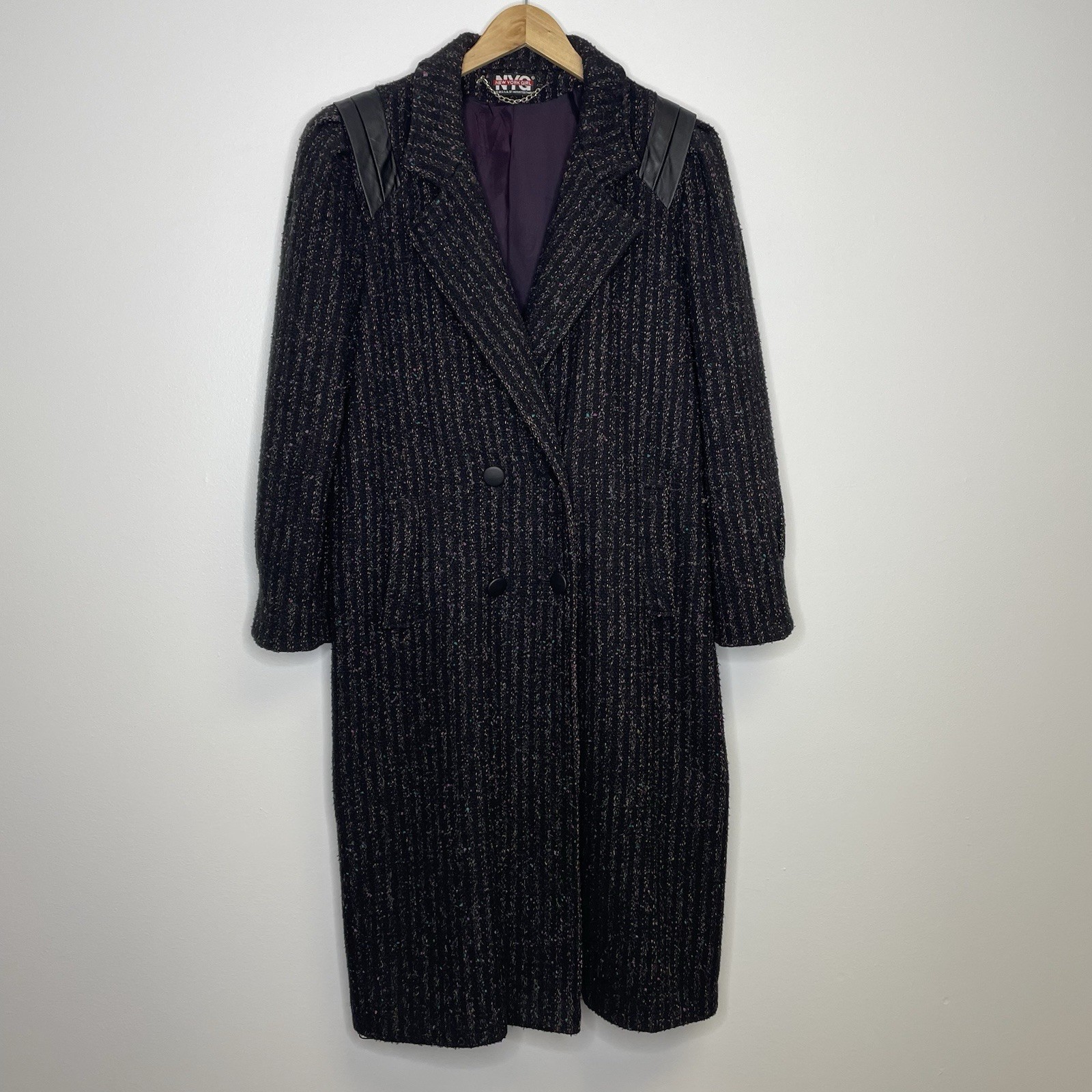 Vtg New York Girl Women&rsquo;s 14 Tweed Wool Leather Button 80s Double Breasted Coat