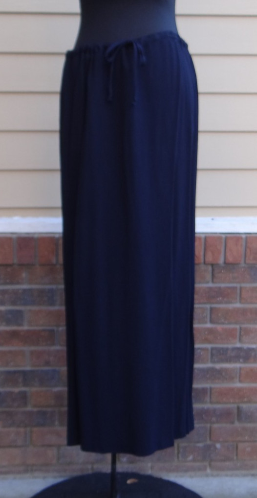 Cynthia Max Navy Long Pencil Side Slits Draw String Elastic Large Rayon Skirt