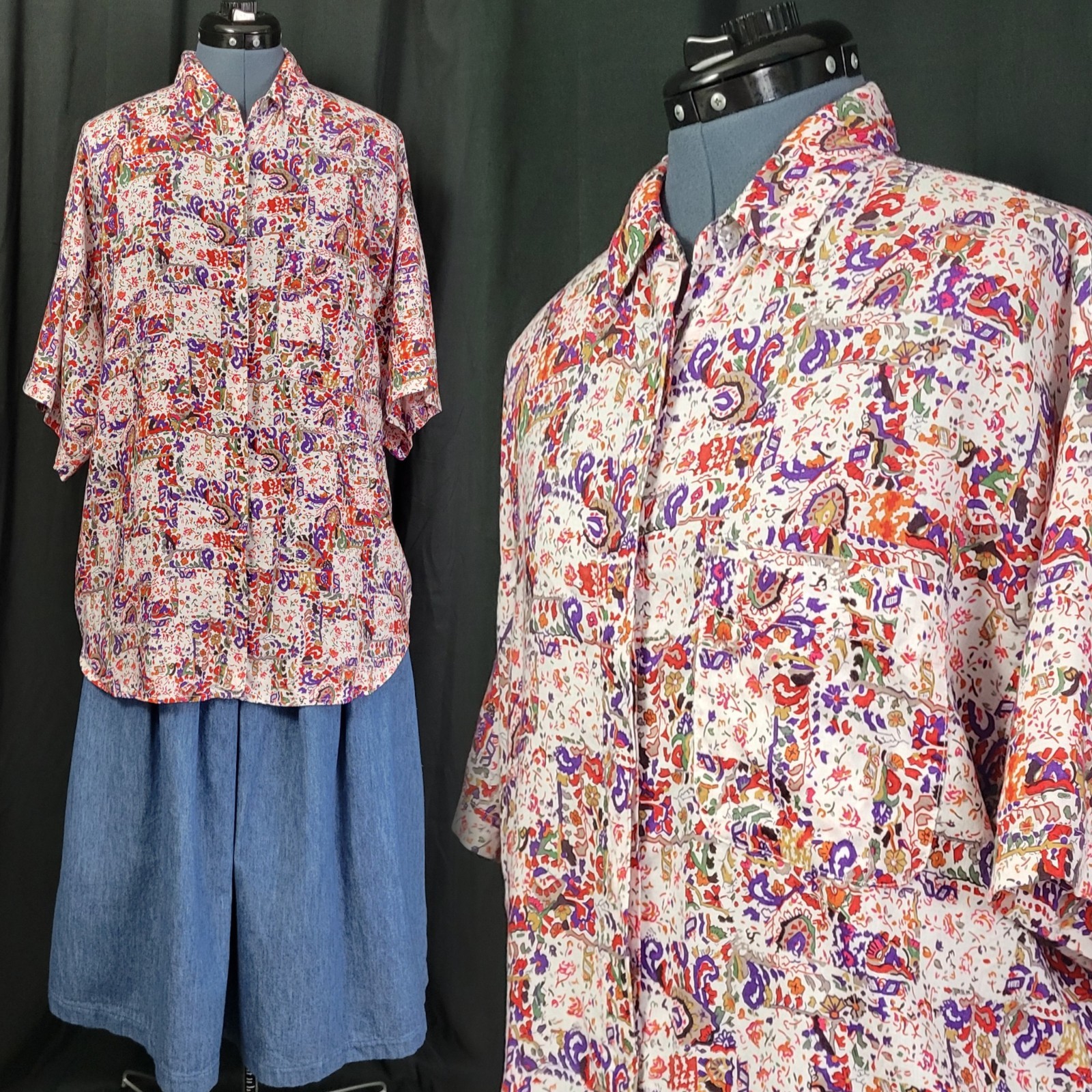 Vintage Unionbay S/S White/Red/Purple Print Top w Button Down Size Large