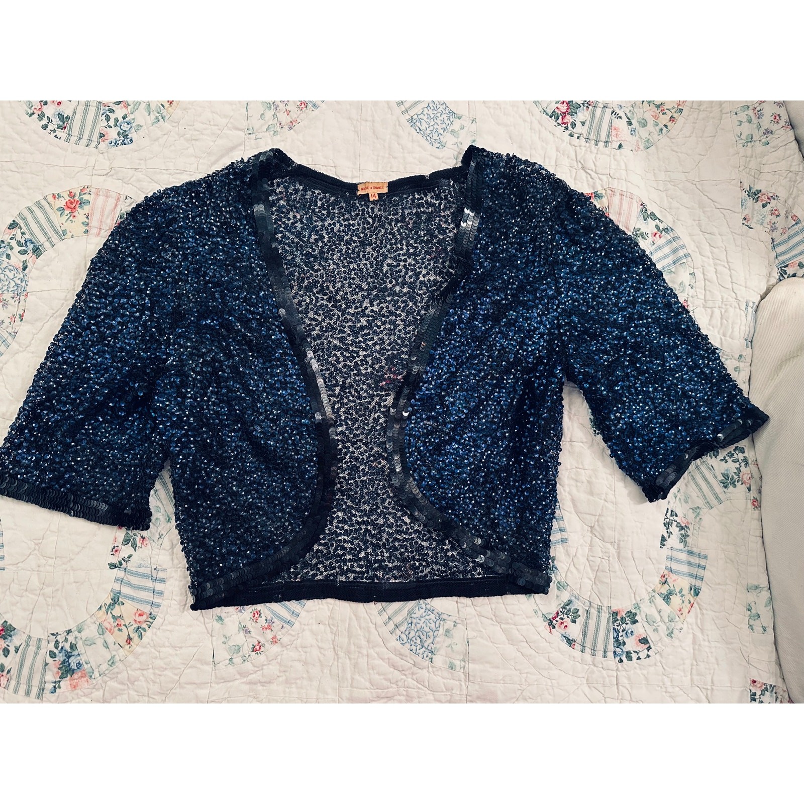 20&rsquo;s 30&rsquo;s MADE IN FRANCE ART DECO NAVY BLUE SEQUIN BEADED SHORT SLEEVE BOLERO