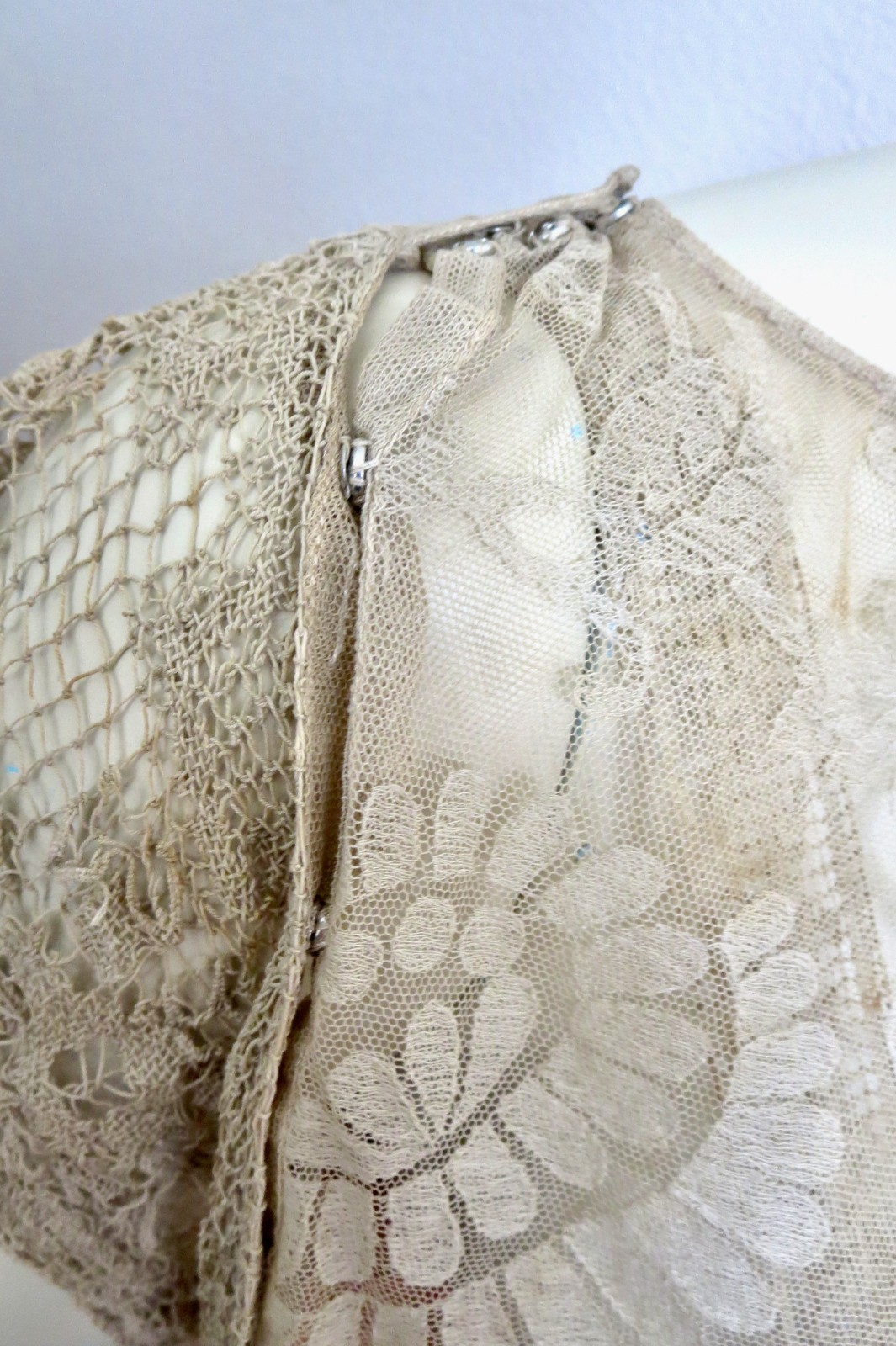 1920s Antique Filet Lace & Devore Silk Flapper Gown Ecru and Peach 35 Bust