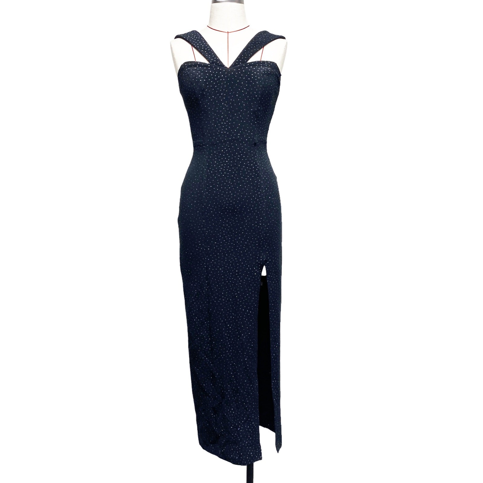Vintage L.A. Glo Womens Black Glitter Dot Side Slit Grecian Neck Dress