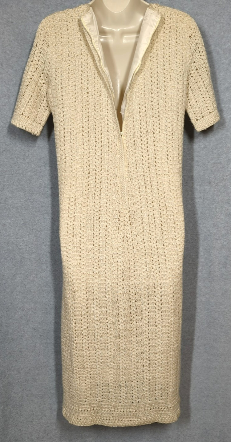 Vtg Crochet Knit Ivory Maxi Dress S 6 Lined Boho Cottage Core Prairie Princess