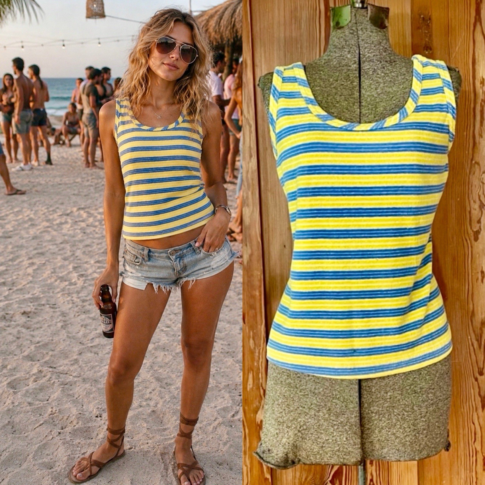 Vntg 70s Terrycloth Striped Tank Top Blue Yellow Retro Beachy Mod Tee Sz M💛🍄