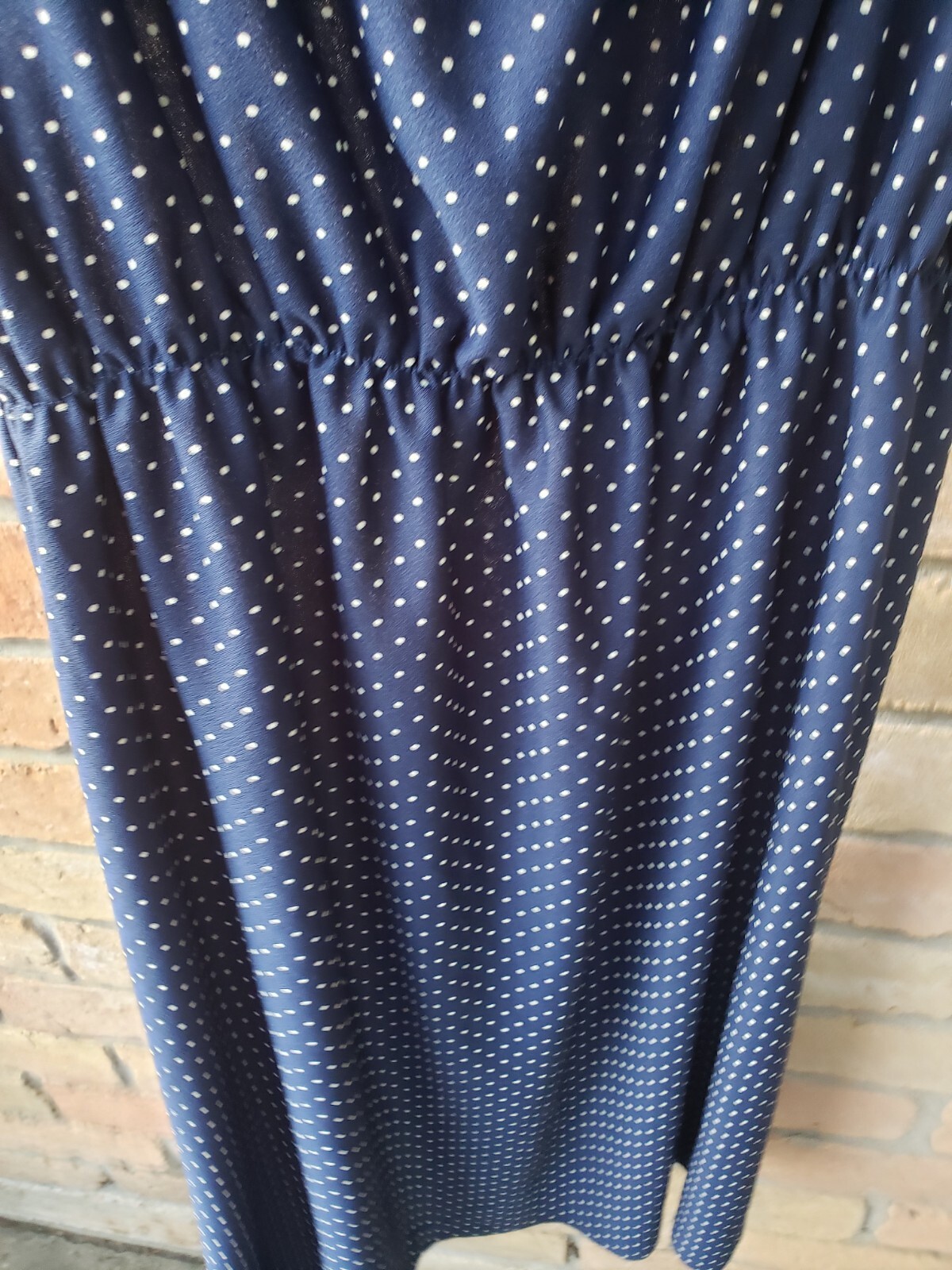 VTG 70s Blue Polka Dot Off Shoulder Ruffle Sundress Sz M? 40&Prime;-46&Prime;B 24&Prime;-44&Prime;W