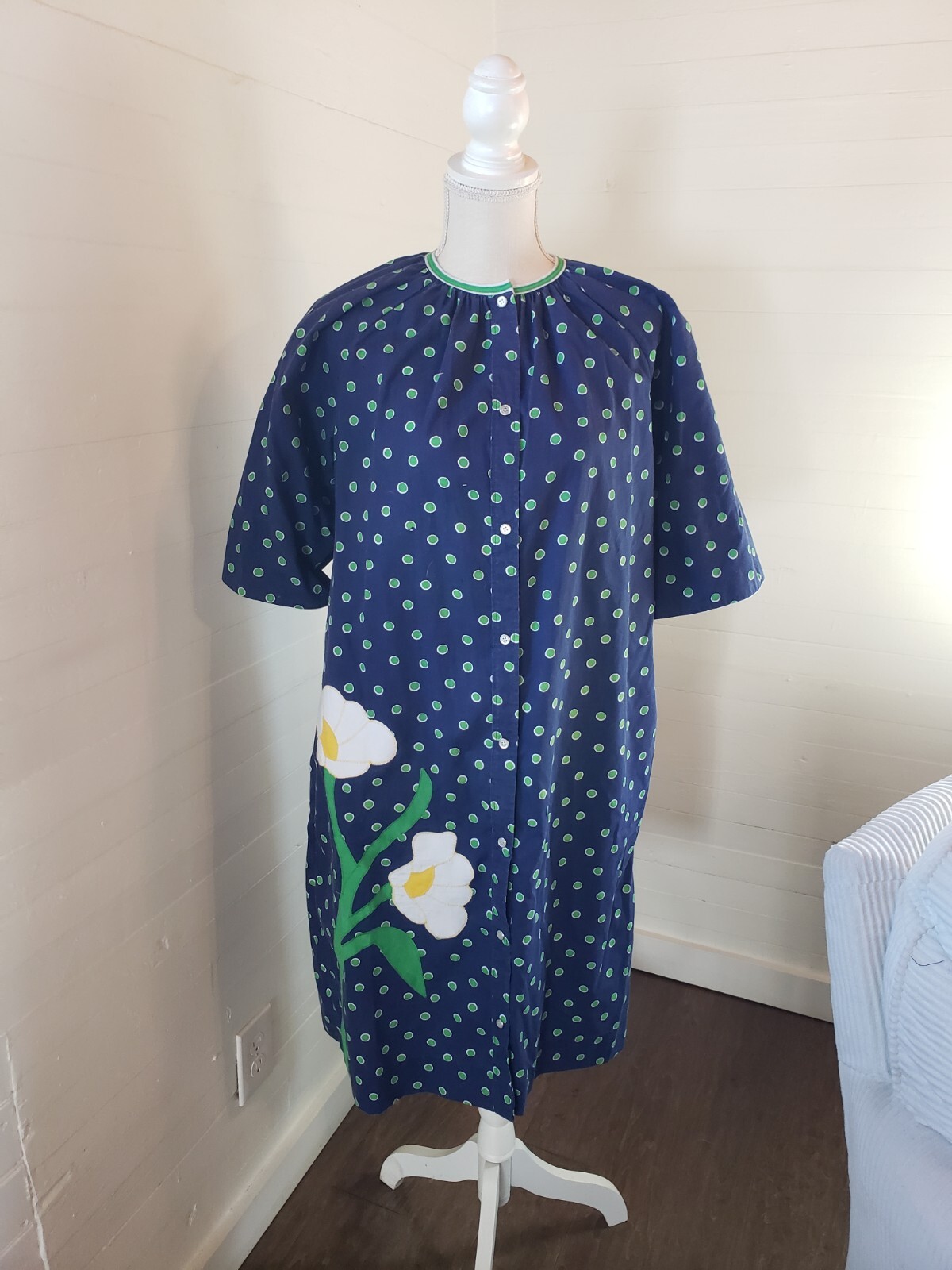 Vintage MODELS COAT Blue MultiColor Floral Snap Duster House Coat Pockets Med Lg