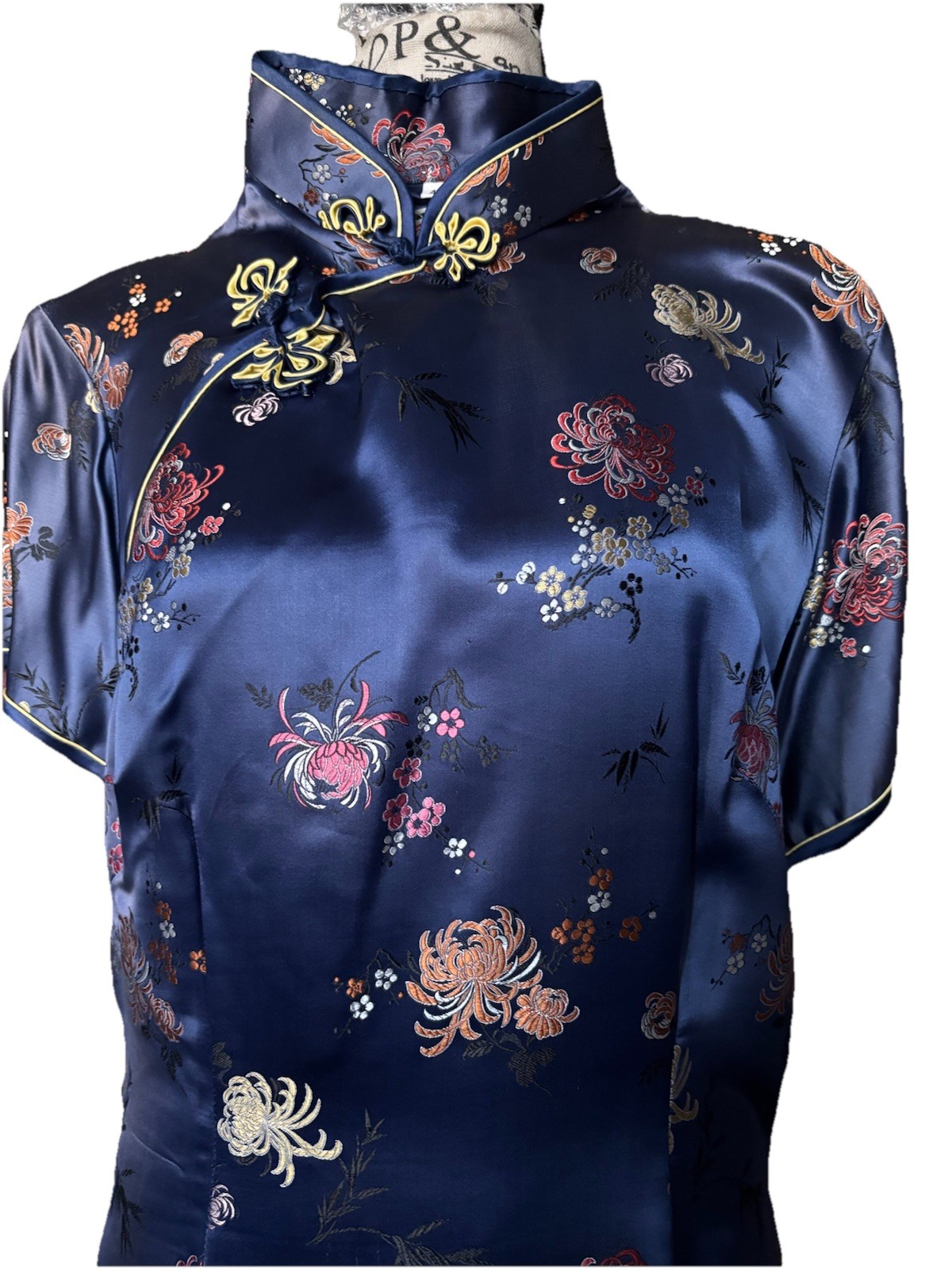 Vintage 60’s-70”s Solve Squirrel Chinese Cheongesam Qipao Satin Dress Navy Blu
