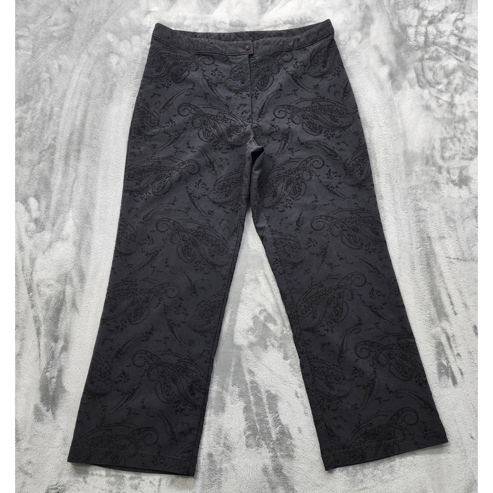 Vintage Dress Pants Womens 14 Black Velvet Flocked Floral Paisley Print Formal