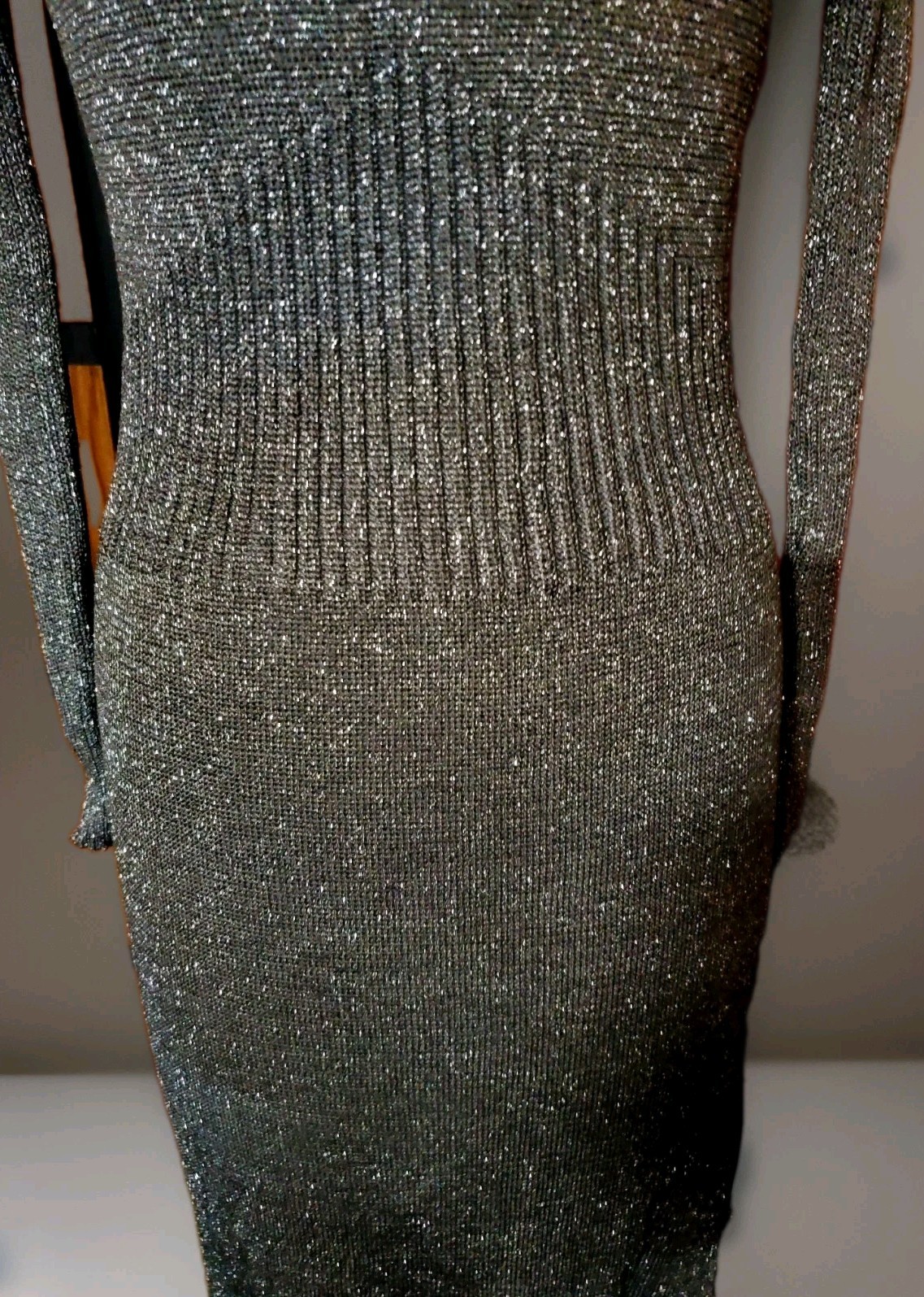 Vint 70&rsquo;s Studio 54 SILVERY METALLIC LUREX Knit V NECK Maxi Dress M HONG KONG