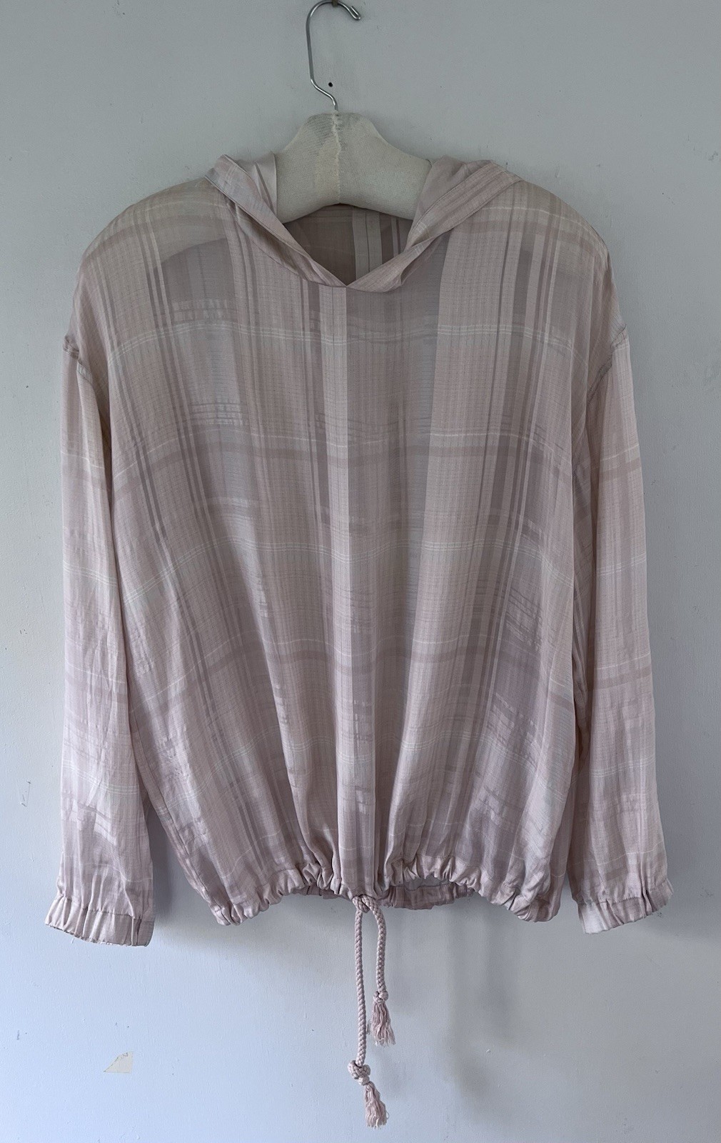 Stella McCartney Palest Pink Blue Plaid Silk Semi Sheer Drawstring Hoodie Sz 46