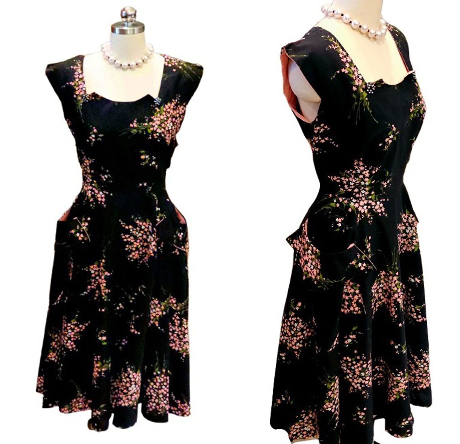 VINTAGE 40s BLACK & PINK FLORAL COCKTAIL DRESS RHINESTONES METAL ZIPPER LARGE SZ