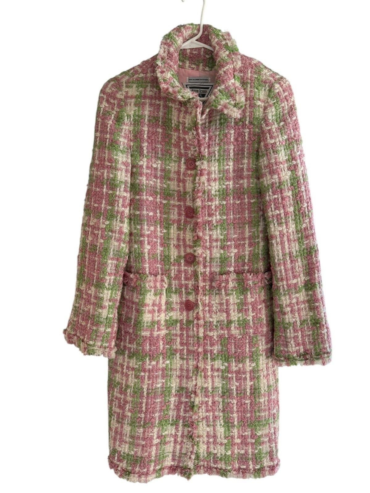 Vintage Marvin Richards Houndstooth Wool Tweed Boucle Coat Fringe Small Pink
