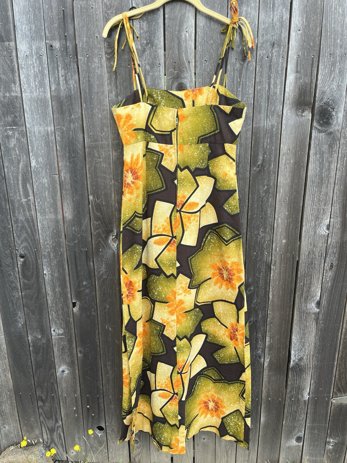 VTG 60s 70s Hawaiian Barkcloth Maxi Dress floral yellow Shoulder tie Sleeveless