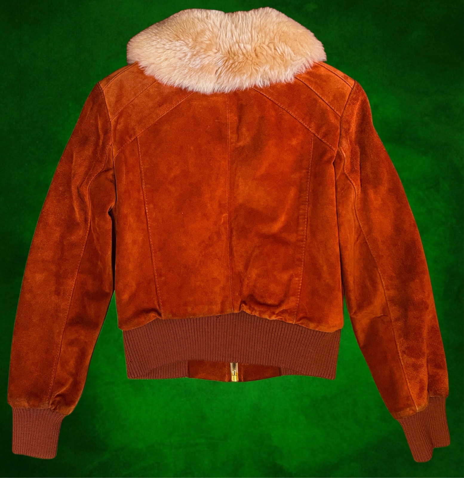 Vintage 70s Rust Suede Bomber Jacket Uruguay Wool Collar Womens XS/S Cropped