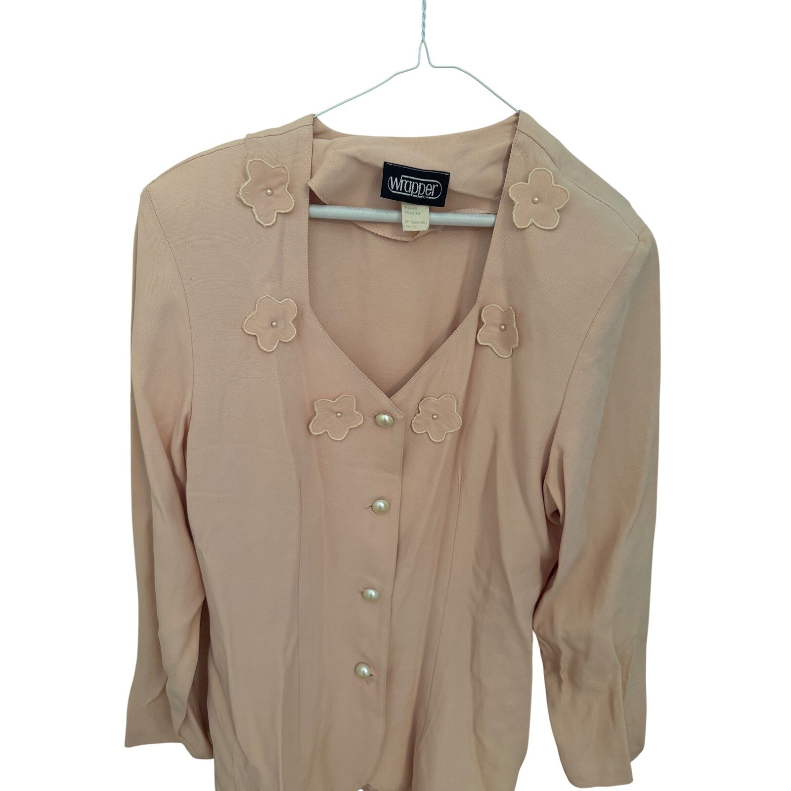 Vintage Wrapper USA Peach Floral Applique Pearl Button V-Neck Blouse or blazer L