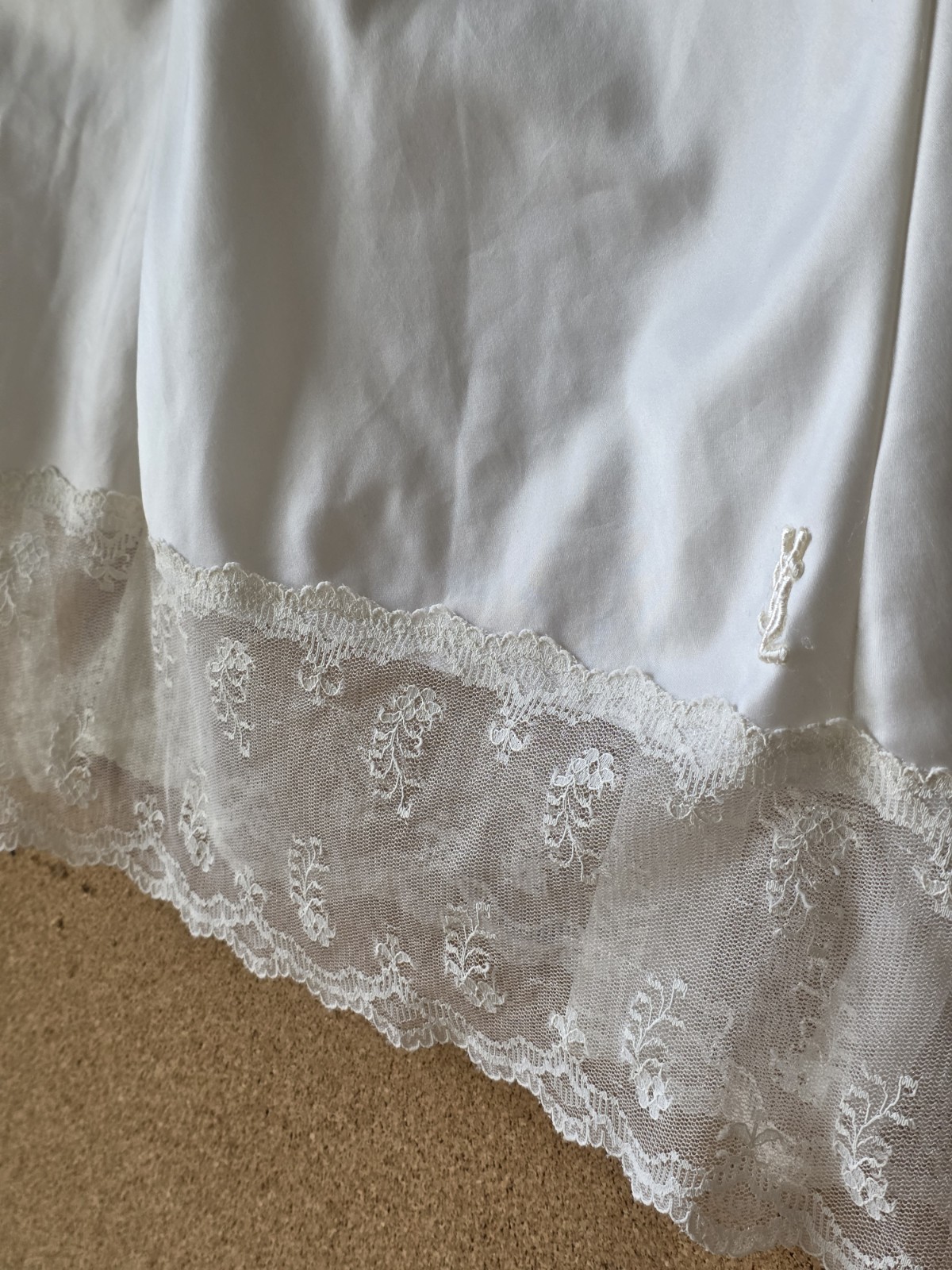 YSL Lingerie Satin Camisole 34 Embroidered Logo, Lace Trim, Vintage Made France